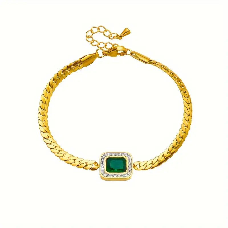 Green Gemstone Gold Chain Bracelet