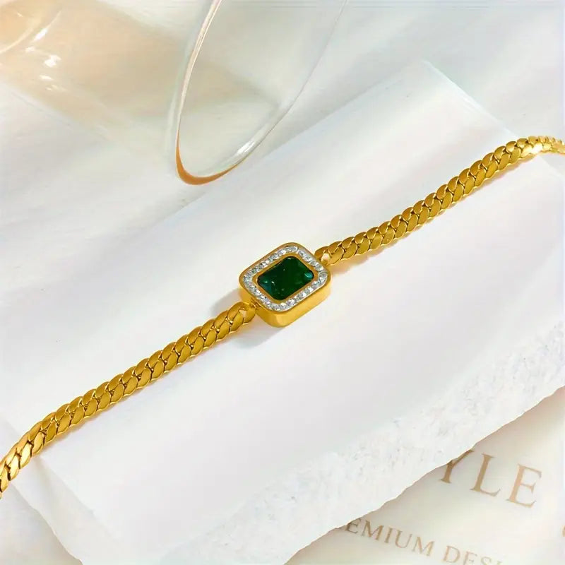 Green Gemstone Gold Chain Bracelet