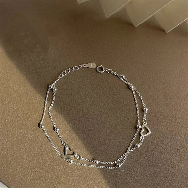 Adjustable Double Layer Silver Heart Bracelet
