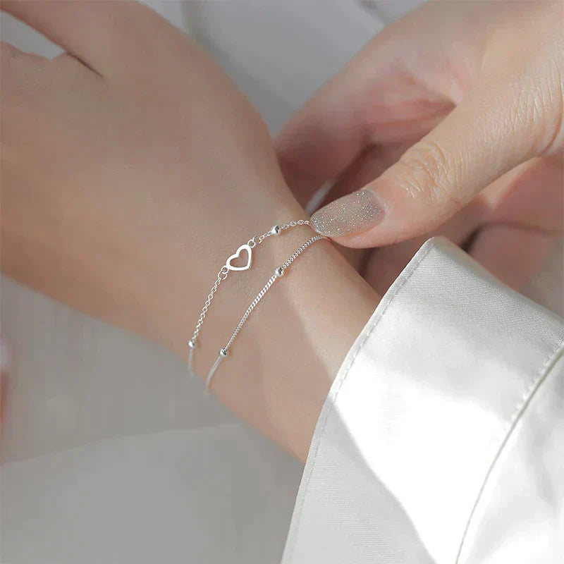 Adjustable Double Layer Silver Heart Bracelet