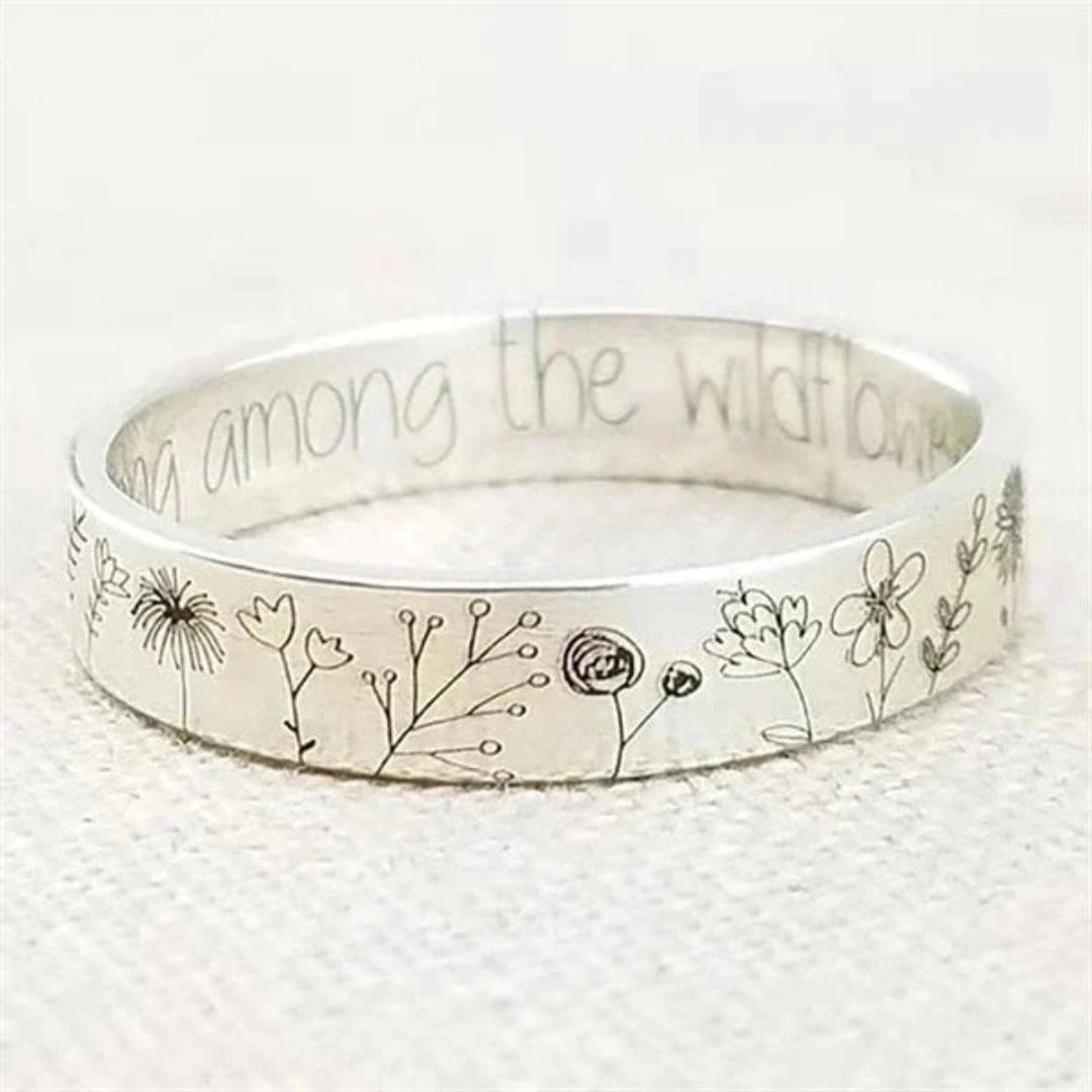 Vintage Wildflower Engraved Silver Ring