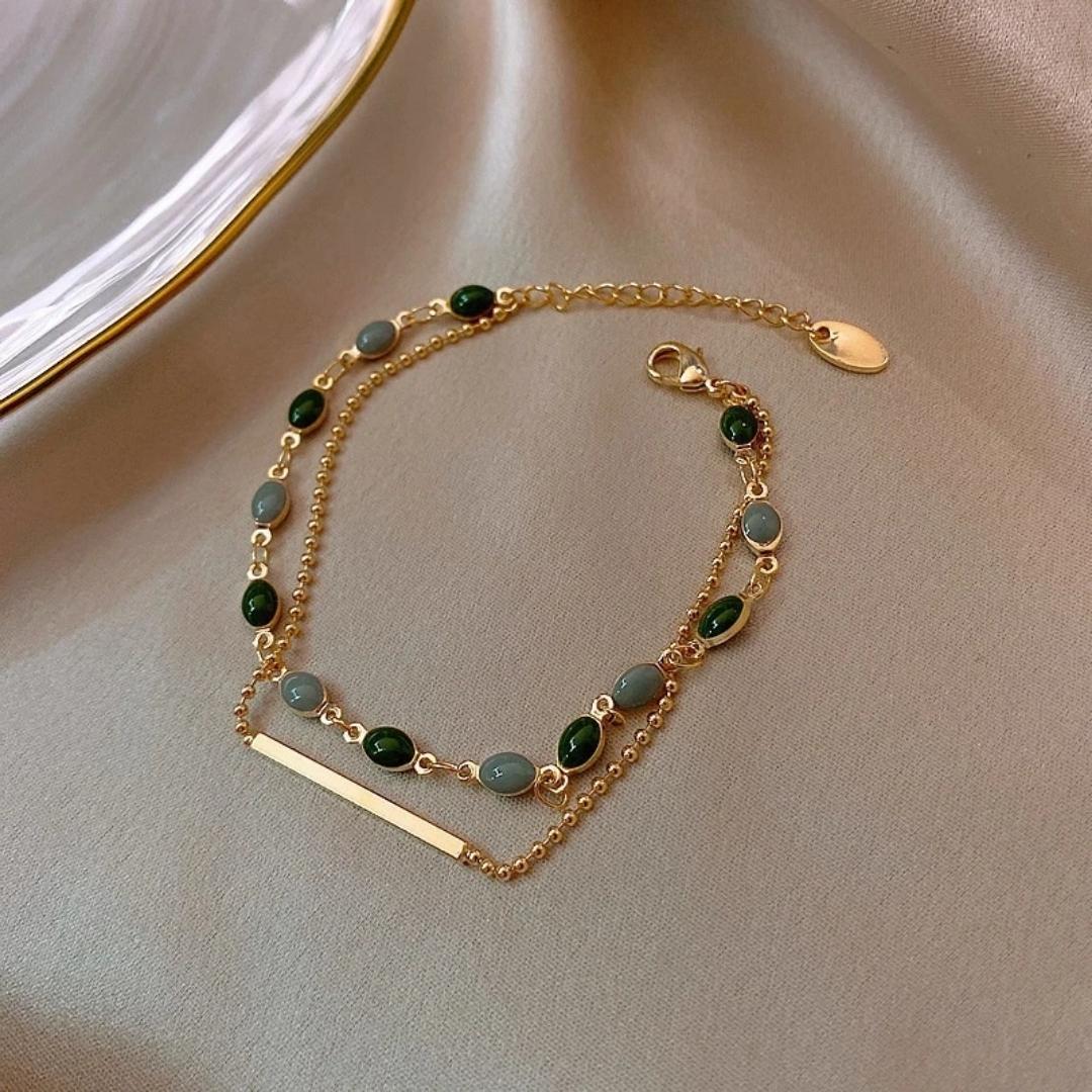 Double Layer Green Stone Gold Bracelet