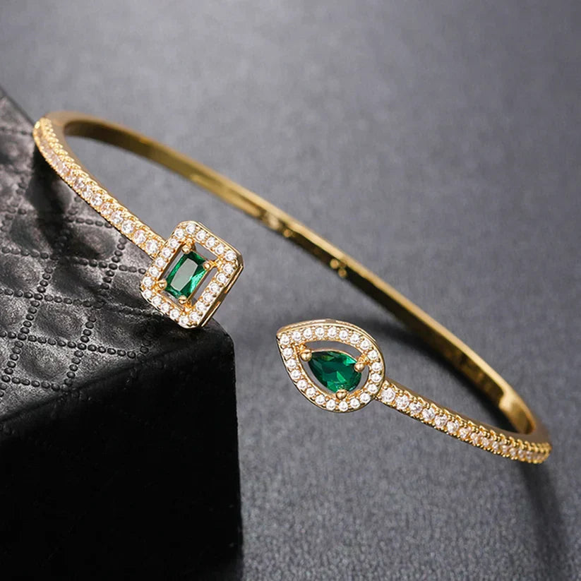 Vintage Emerald Open Cuff Gold Bracelet