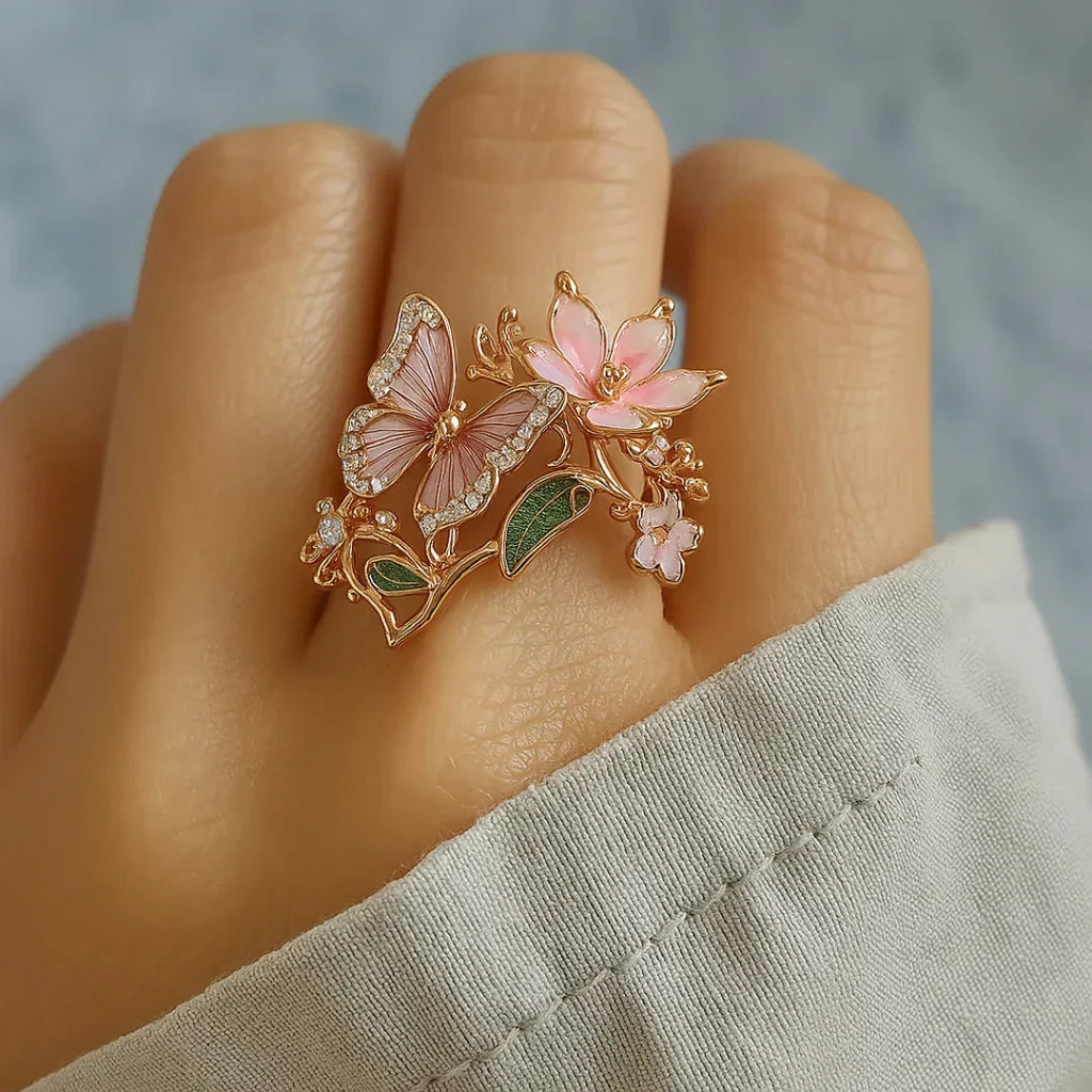 Pink Butterfly Flower Statement Ring