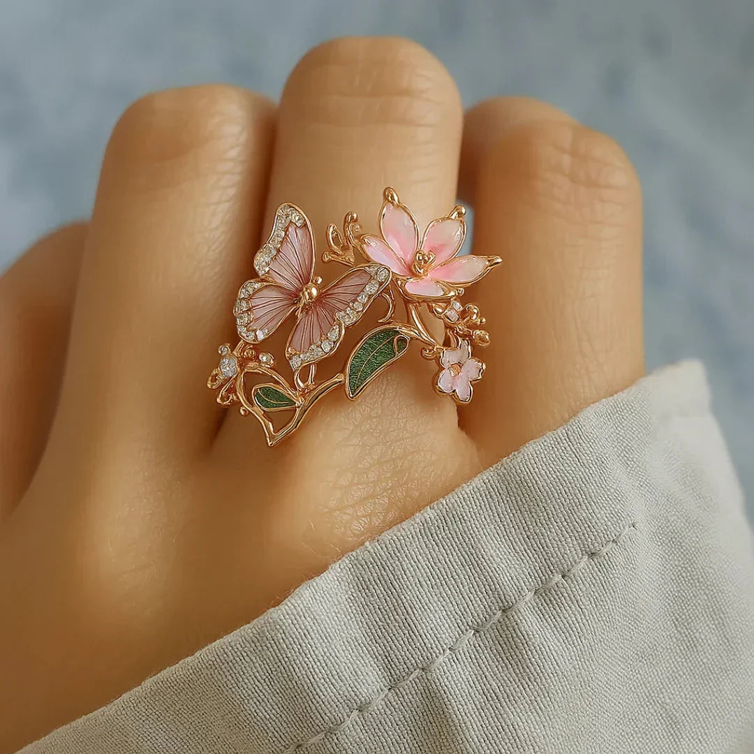 Pink Butterfly Flower Statement Ring