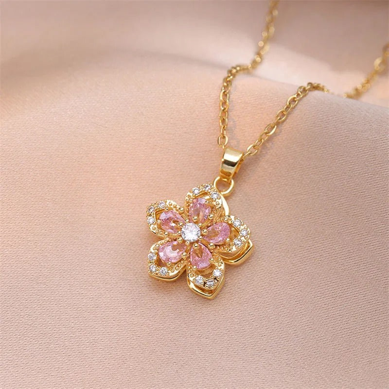 Pink Crystal Blossom Pendant Necklace