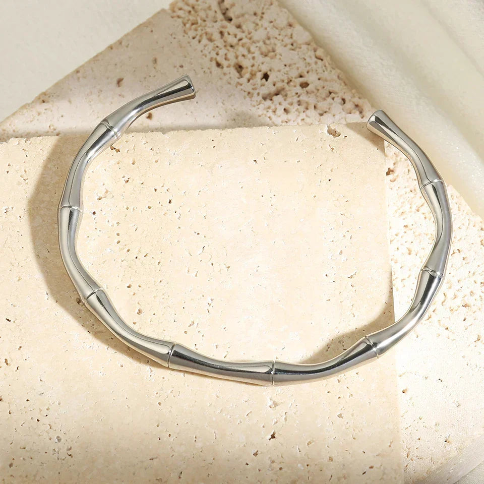 Silver Minimalist Bamboo Open Cuff Bracelet
